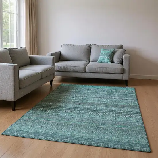 Turquoise And Ivory Striped Washable Area Rug With UV Protection Photo 2