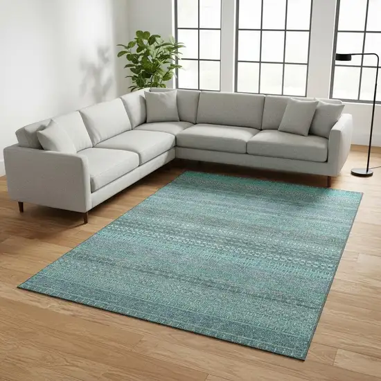 Turquoise And Ivory Striped Washable Area Rug With UV Protection Photo 1