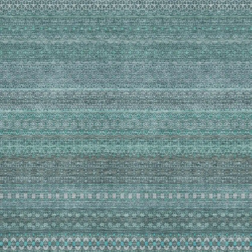 Turquoise And Ivory Striped Washable Area Rug With UV Protection Photo 3