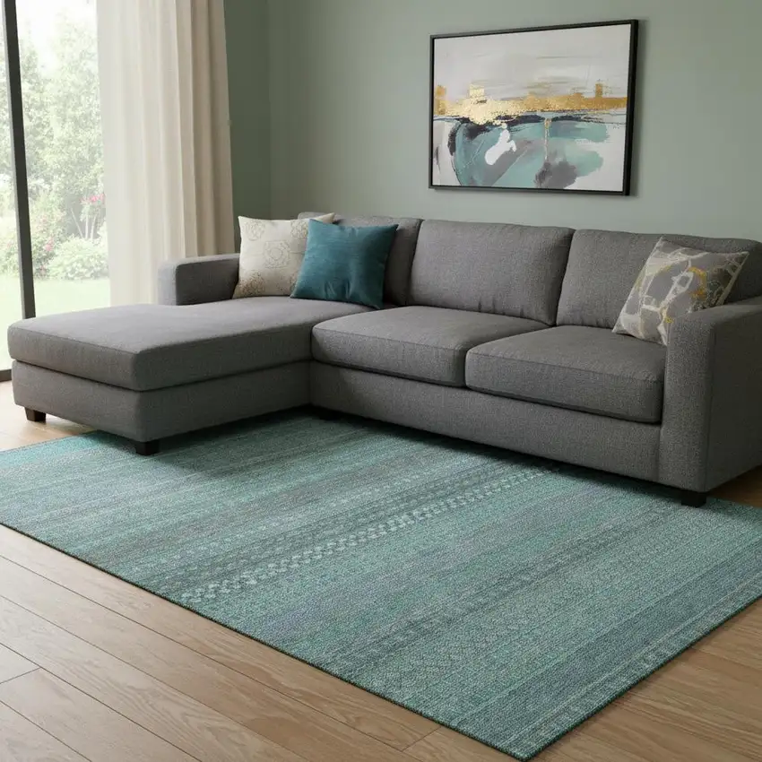 Turquoise And Ivory Striped Washable Area Rug With UV Protection Photo 1