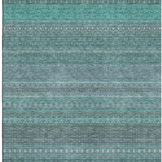 Turquoise And Ivory Striped Washable Area Rug With UV Protection Photo 3