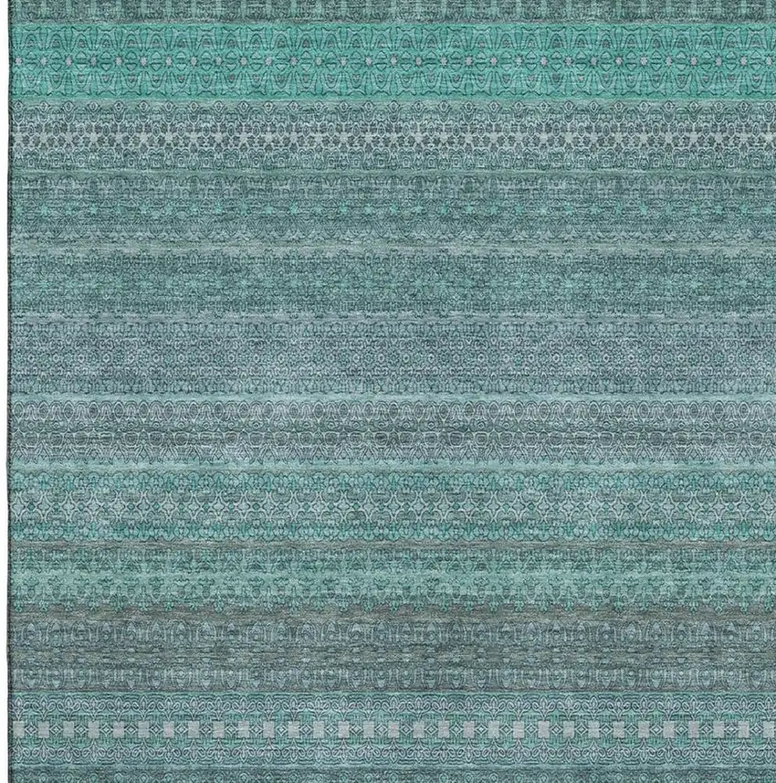 Turquoise And Ivory Striped Washable Area Rug With UV Protection Photo 3