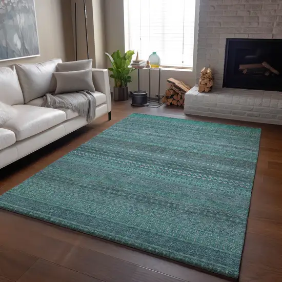 Turquoise And Ivory Striped Washable Area Rug With UV Protection Photo 6