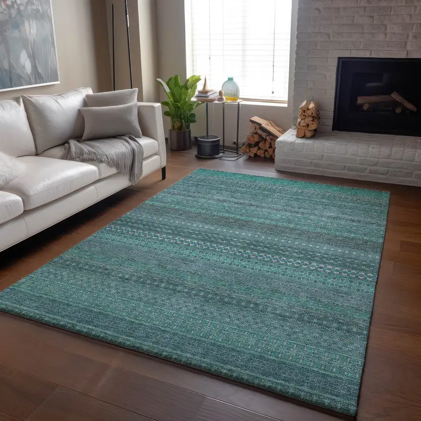 Turquoise And Ivory Striped Washable Area Rug With UV Protection Photo 6