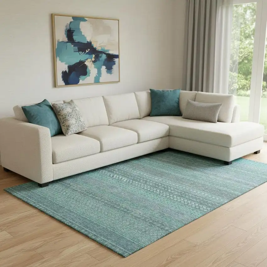 Turquoise And Ivory Striped Washable Area Rug With UV Protection Photo 1