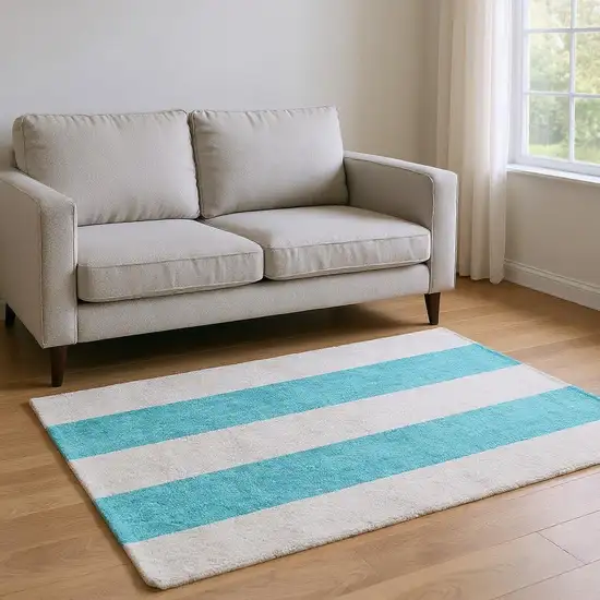 Turquoise And Ivory Striped Washable Area Rug With UV Protection Photo 2