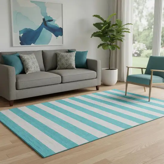 Turquoise And Ivory Striped Washable Area Rug With UV Protection Photo 1