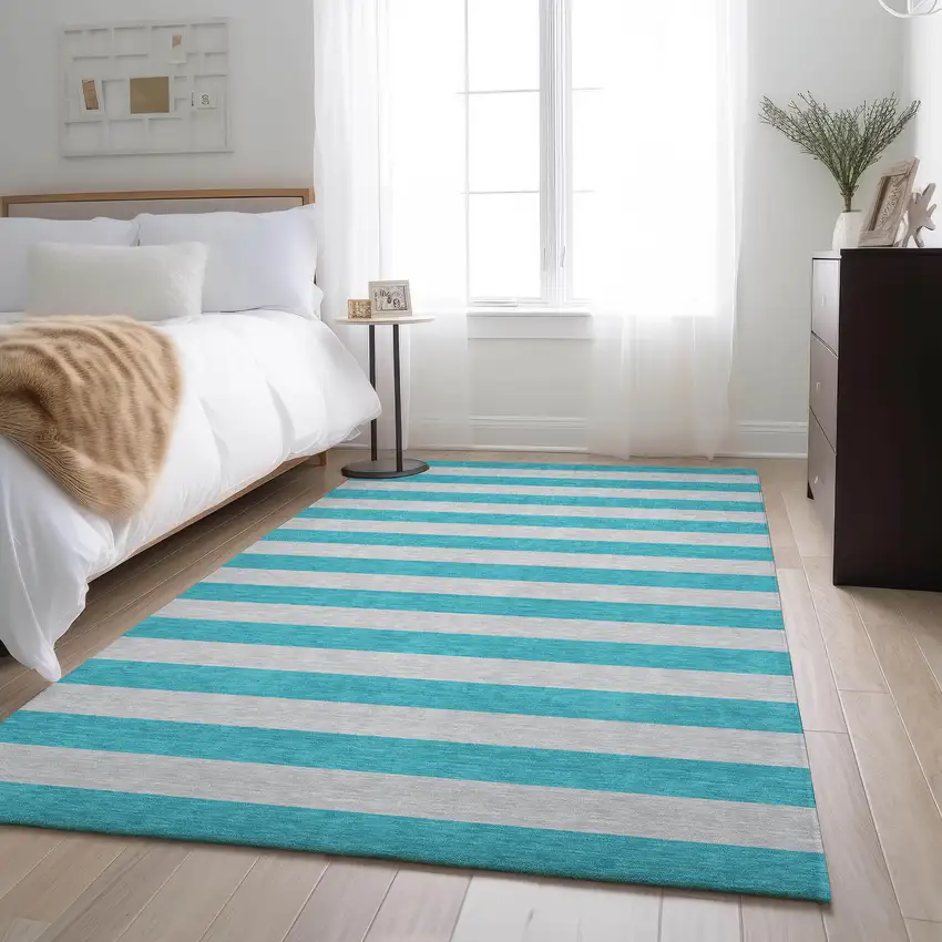 Turquoise And Ivory Striped Washable Area Rug With UV Protection Photo 3