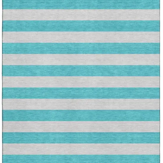 Turquoise And Ivory Striped Washable Area Rug With UV Protection Photo 4