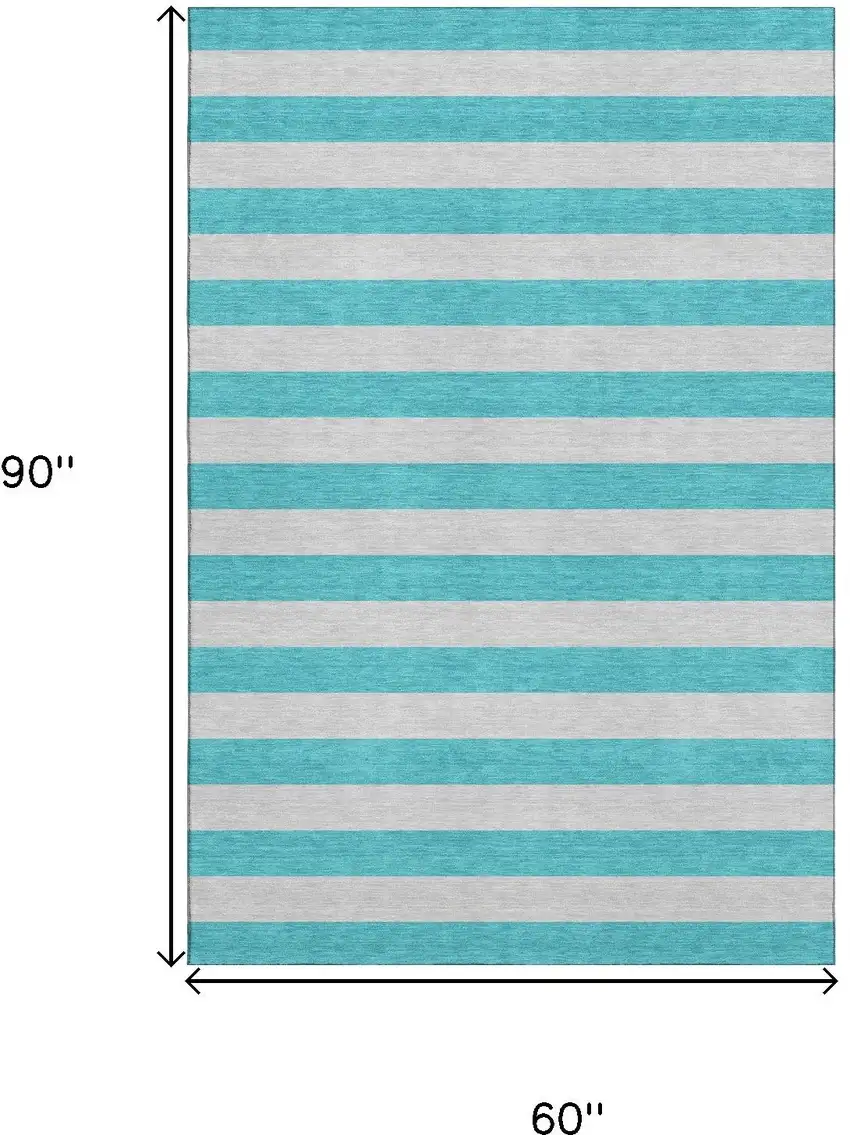 Turquoise And Ivory Striped Washable Area Rug With UV Protection Photo 3