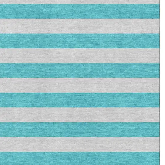 Turquoise And Ivory Striped Washable Area Rug With UV Protection Photo 5