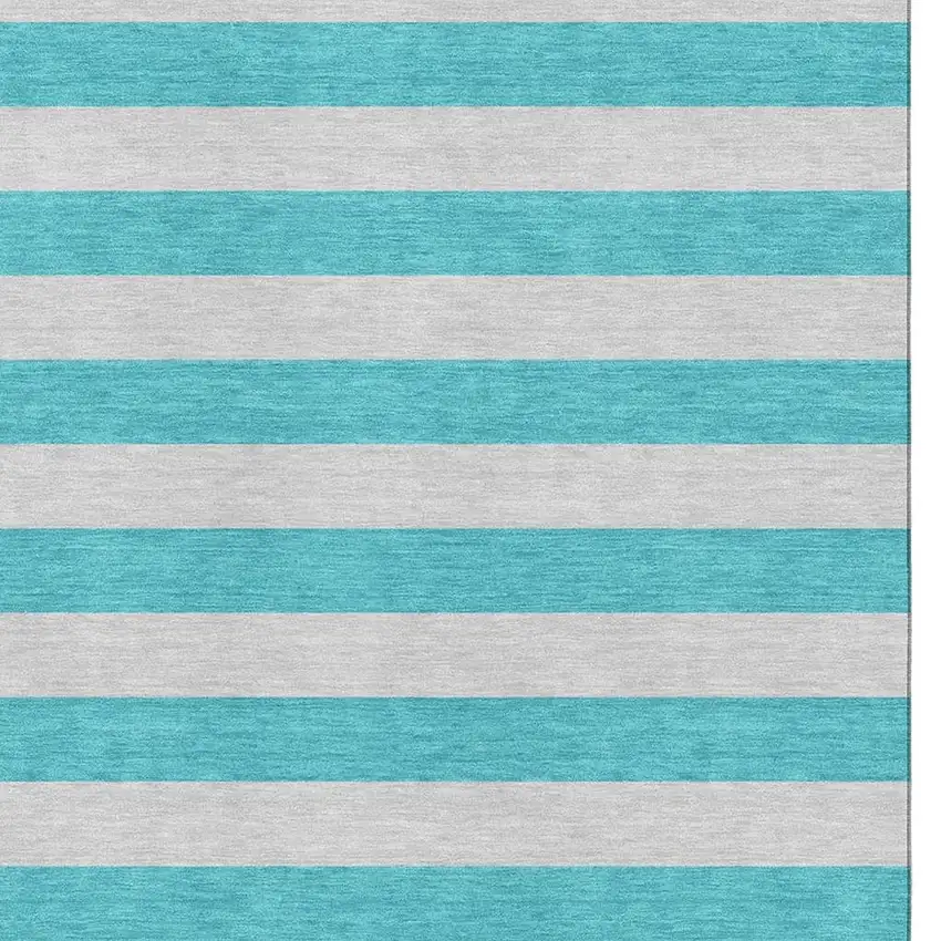 Turquoise And Ivory Striped Washable Area Rug With UV Protection Photo 5