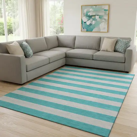 Turquoise And Ivory Striped Washable Area Rug With UV Protection Photo 1