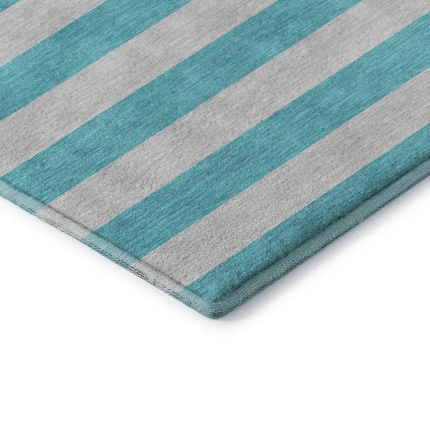 Turquoise And Ivory Striped Washable Area Rug With UV Protection Photo 8