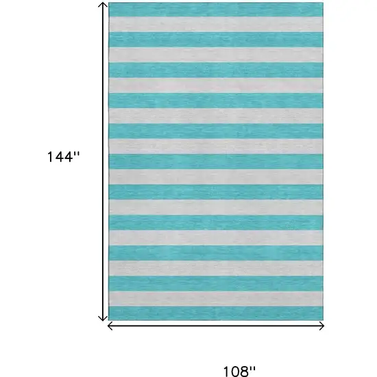Turquoise And Ivory Striped Washable Area Rug With UV Protection Photo 3