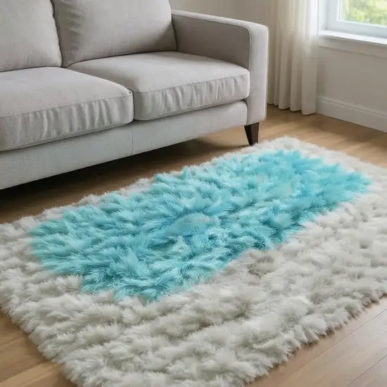 Turquoise And Ivory Striped Washable Area Rug With UV Protection Photo 2