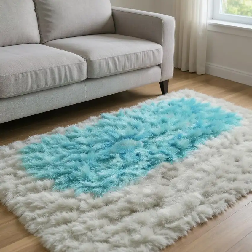 Turquoise And Ivory Striped Washable Area Rug With UV Protection Photo 2