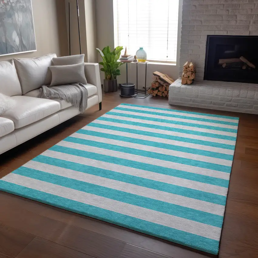 Turquoise And Ivory Striped Washable Area Rug With UV Protection Photo 5