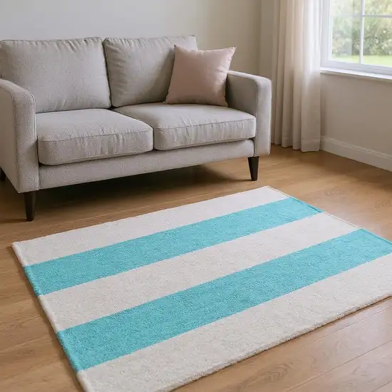 Turquoise And Ivory Striped Washable Area Rug With UV Protection Photo 2
