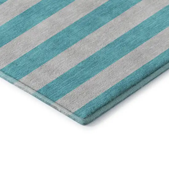 Turquoise And Ivory Striped Washable Area Rug With UV Protection Photo 8