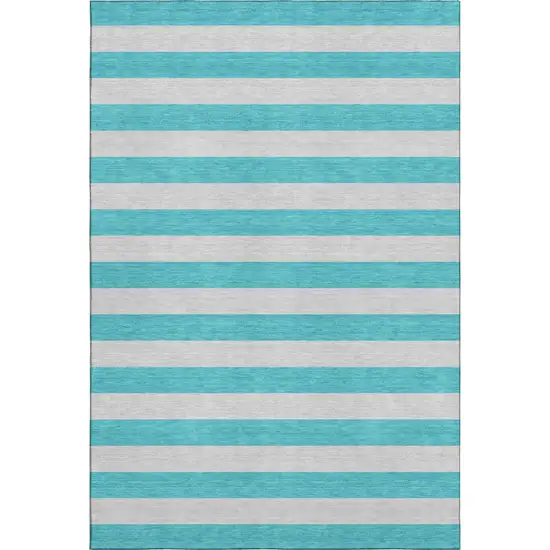 Turquoise And Ivory Striped Washable Area Rug With UV Protection Photo 6