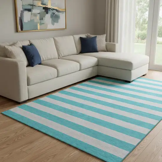 Turquoise And Ivory Striped Washable Area Rug With UV Protection Photo 1