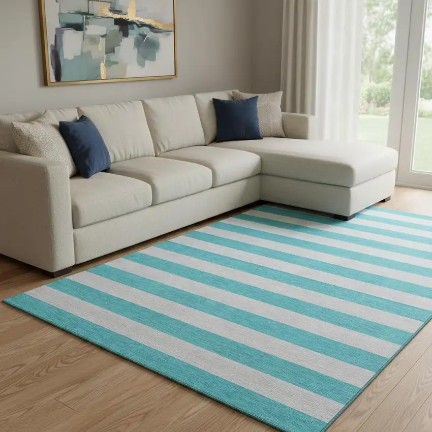 Turquoise And Ivory Striped Washable Area Rug With UV Protection Photo 1