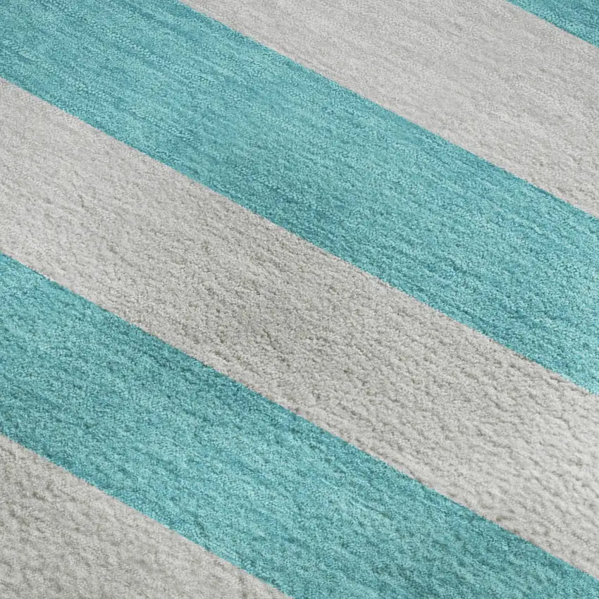 Turquoise And Ivory Striped Washable Area Rug With UV Protection Photo 3
