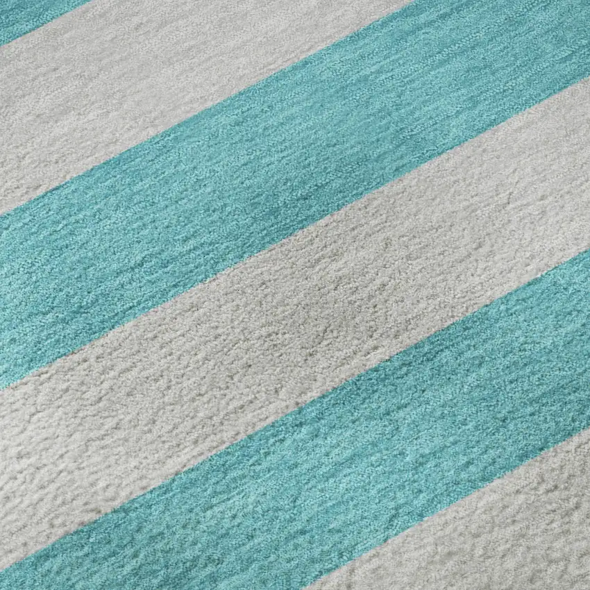 Turquoise And Ivory Striped Washable Area Rug With UV Protection Photo 1