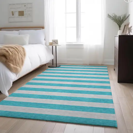 Turquoise And Ivory Striped Washable Area Rug With UV Protection Photo 4