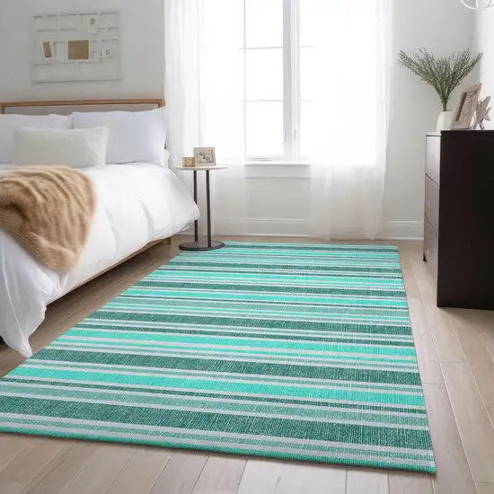 Turquoise And Ivory Striped Washable Area Rug With UV Protection Photo 5