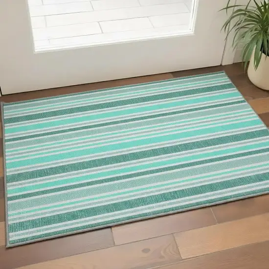 Turquoise And Ivory Striped Washable Area Rug With UV Protection Photo 2