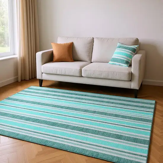 Turquoise And Ivory Striped Washable Area Rug With UV Protection Photo 2
