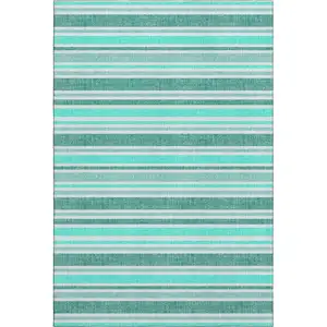 Photo of Turquoise And Ivory Striped Washable Area Rug With UV Protection