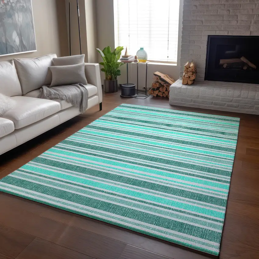 Turquoise And Ivory Striped Washable Area Rug With UV Protection Photo 6