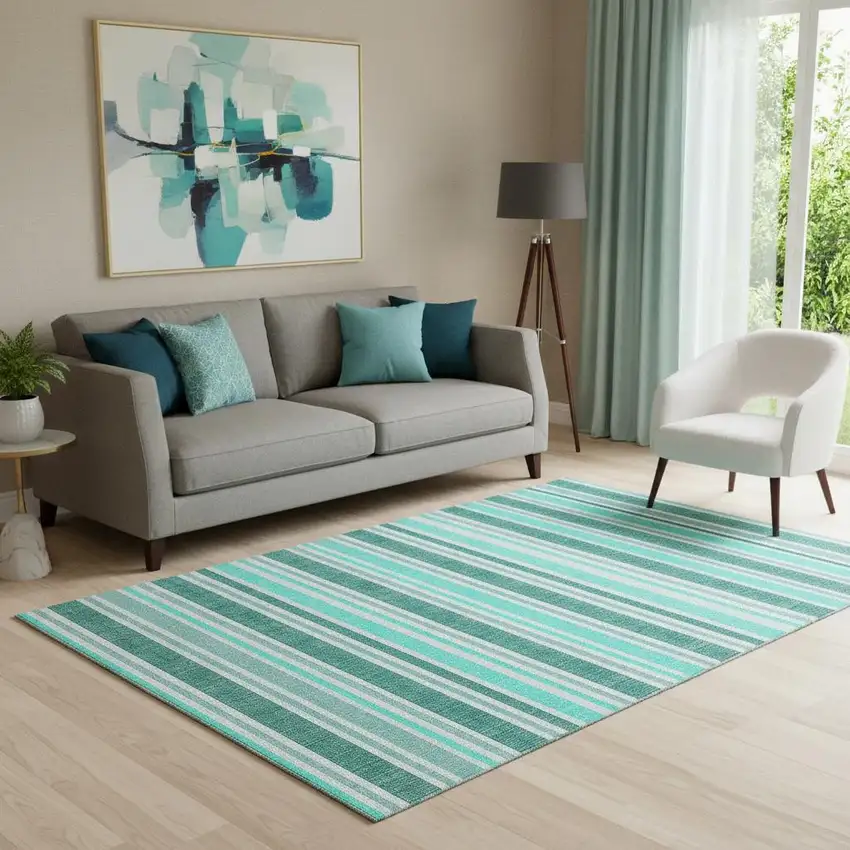 Turquoise And Ivory Striped Washable Area Rug With UV Protection Photo 1
