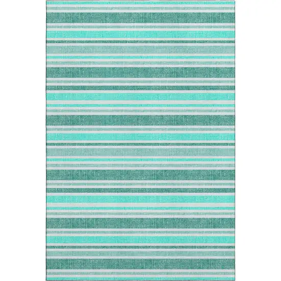 Turquoise And Ivory Striped Washable Area Rug With UV Protection Photo 1