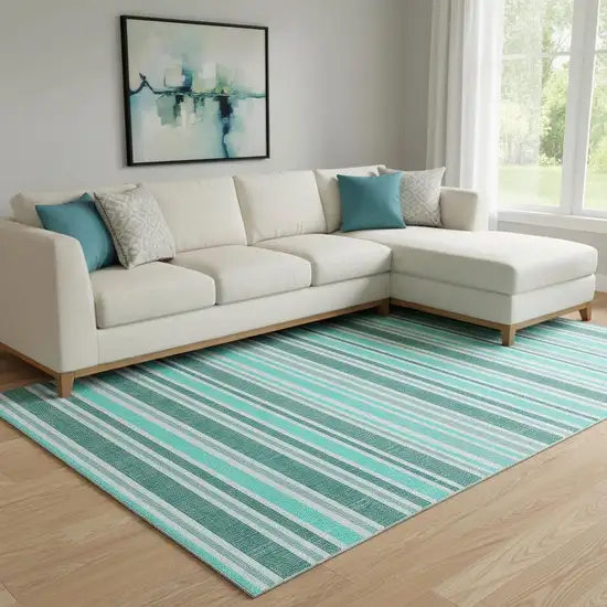 Turquoise And Ivory Striped Washable Area Rug With UV Protection Photo 1