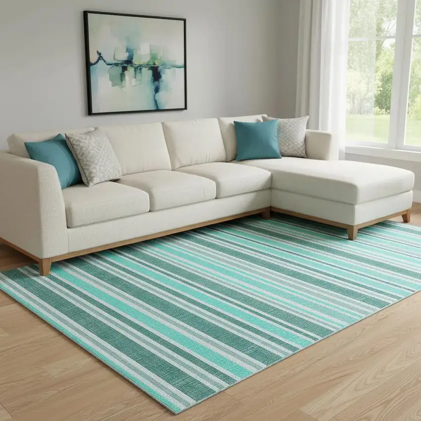 Turquoise And Ivory Striped Washable Area Rug With UV Protection Photo 1