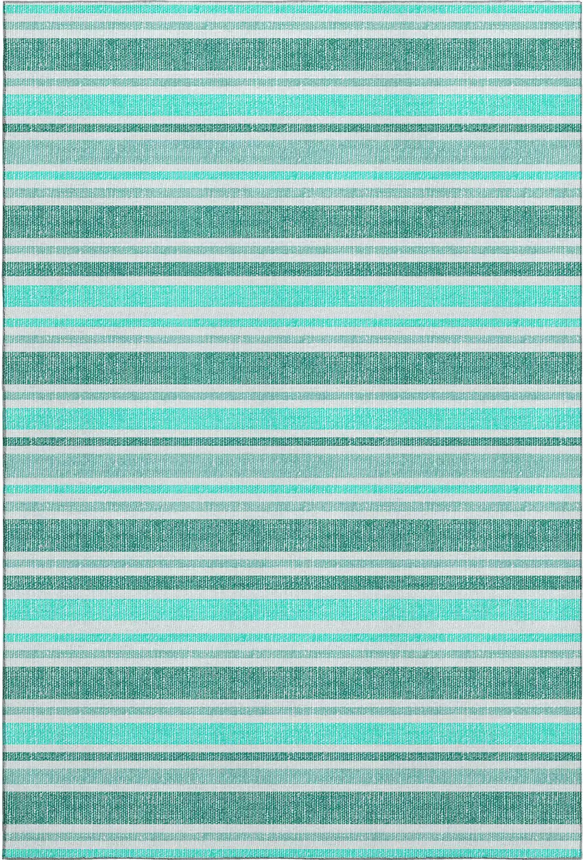 Turquoise And Ivory Striped Washable Area Rug With UV Protection Photo 1