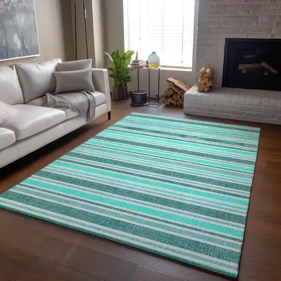 Turquoise And Ivory Striped Washable Area Rug With UV Protection Photo 6