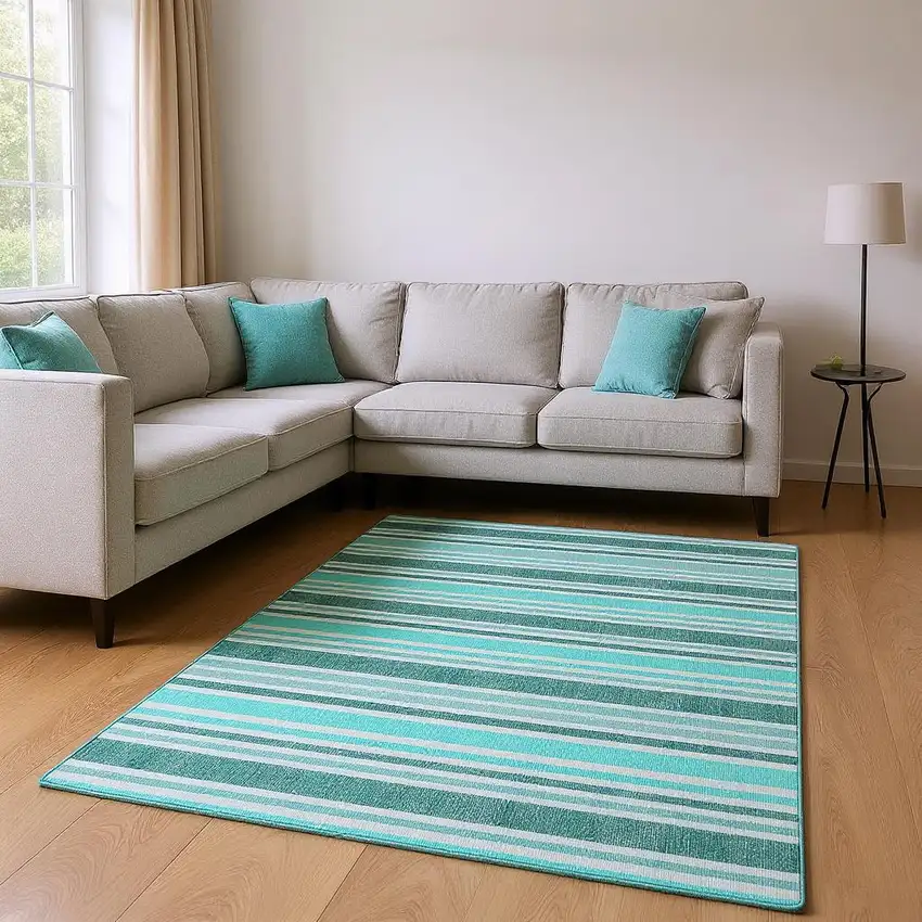 Turquoise And Ivory Striped Washable Area Rug With UV Protection Photo 2