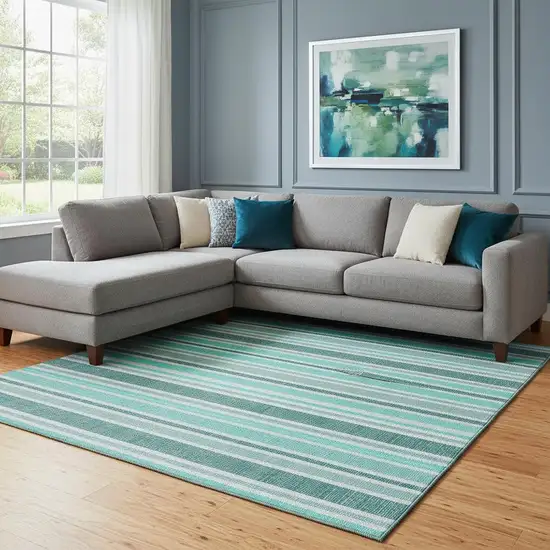 Turquoise And Ivory Striped Washable Area Rug With UV Protection Photo 1