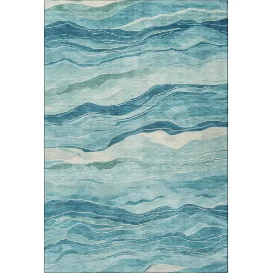 Turquoise And Ivory Striped Washable Area Rug With UV Protection Photo 3
