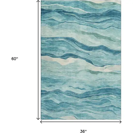 Turquoise And Ivory Striped Washable Area Rug With UV Protection Photo 3