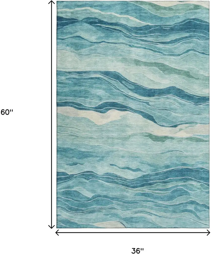 Turquoise And Ivory Striped Washable Area Rug With UV Protection Photo 3