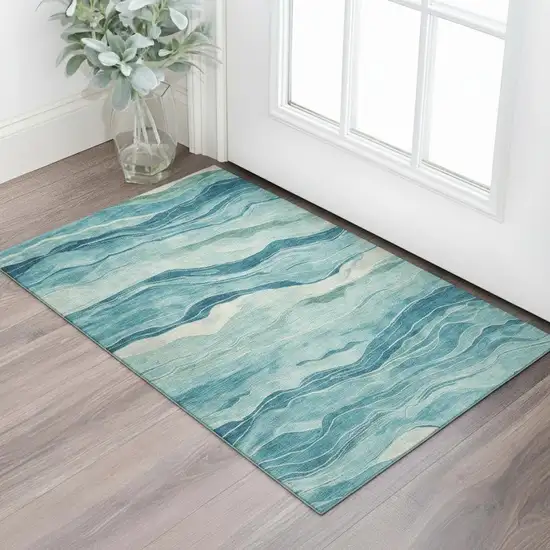 Turquoise And Ivory Striped Washable Area Rug With UV Protection Photo 2