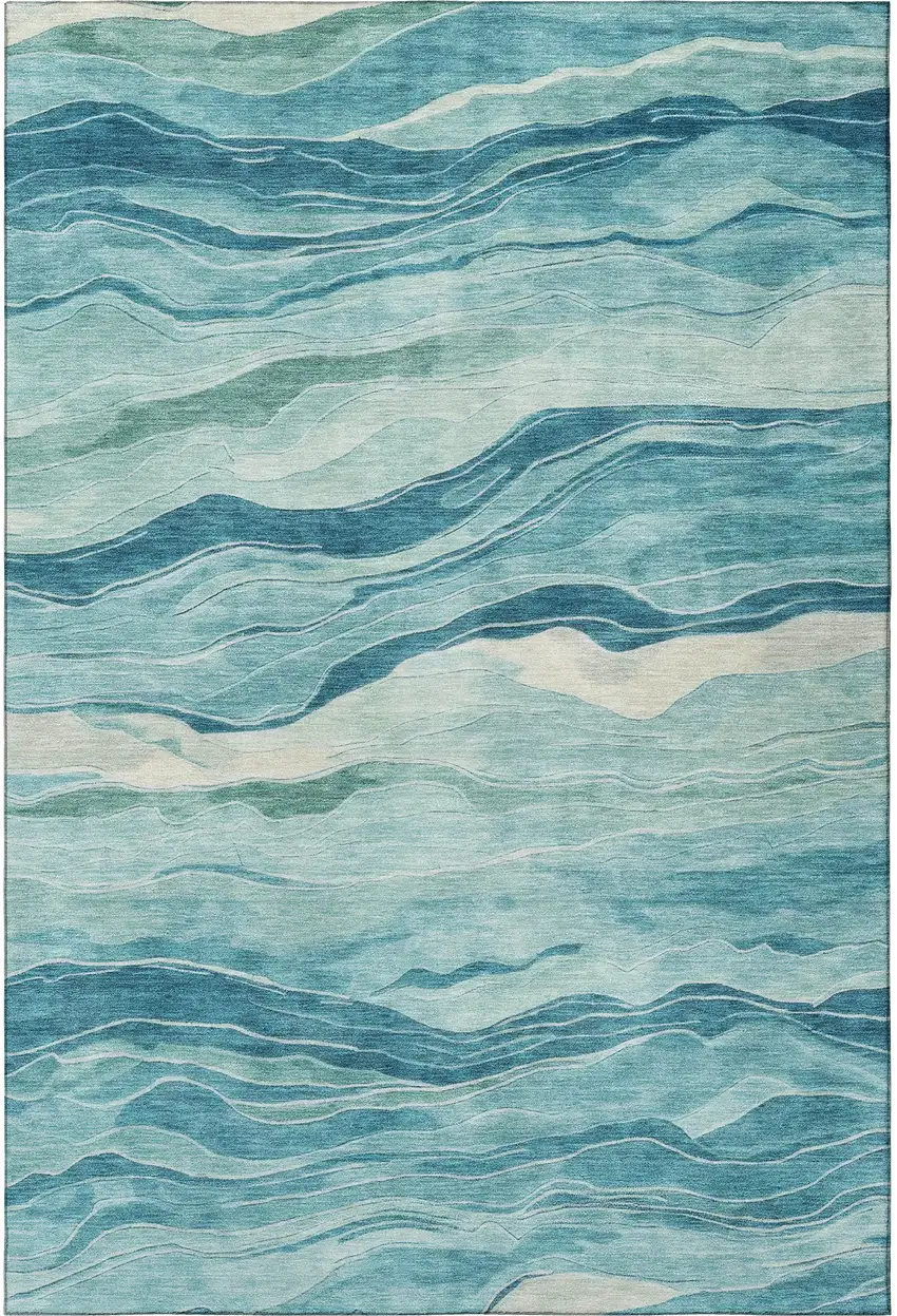 Turquoise And Ivory Striped Washable Area Rug With UV Protection Photo 2