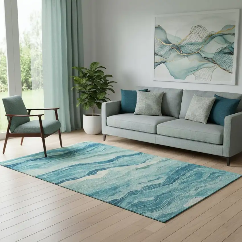 Turquoise And Ivory Striped Washable Area Rug With UV Protection Photo 2