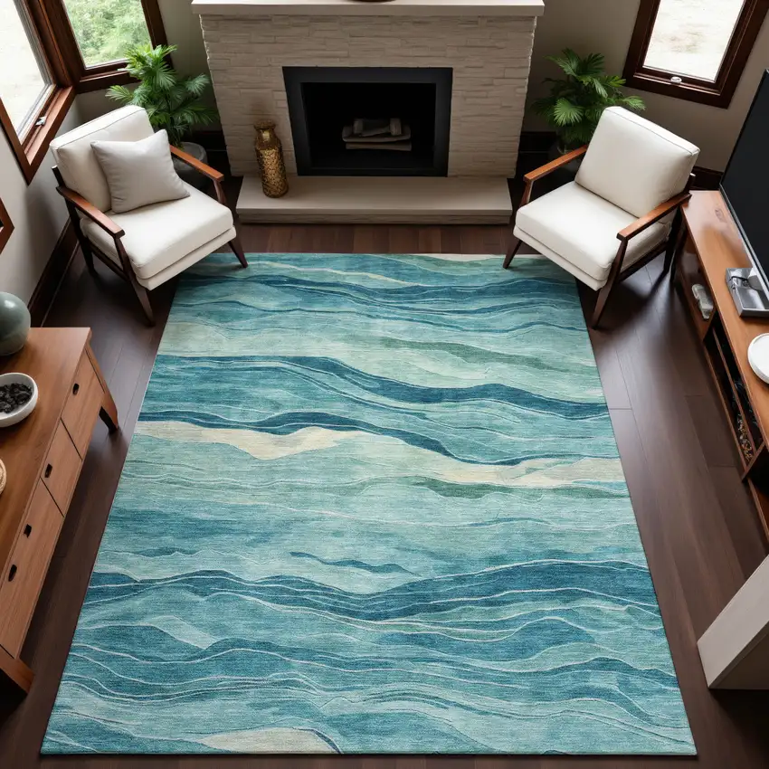Turquoise And Ivory Striped Washable Area Rug With UV Protection Photo 3